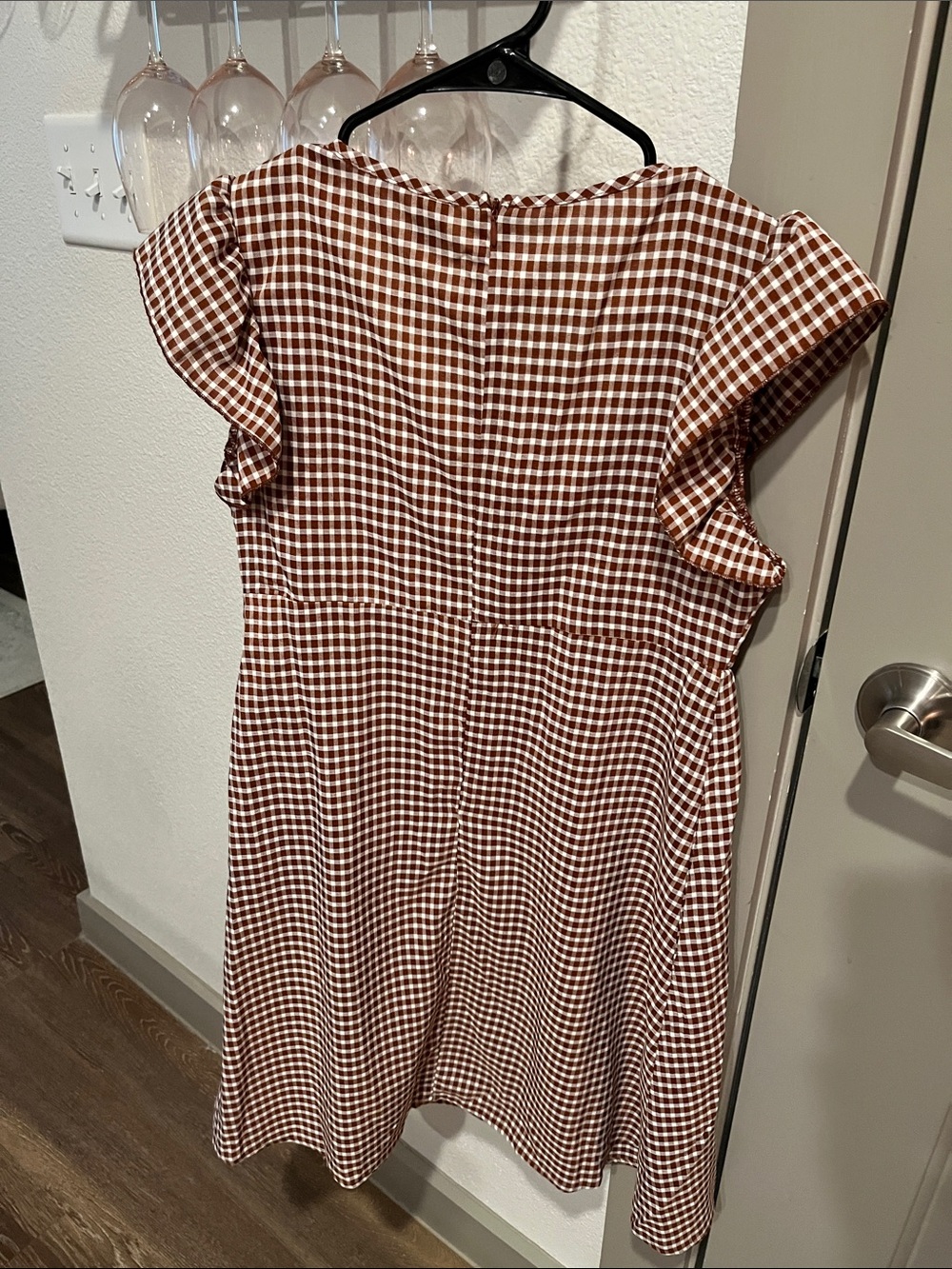 SHEIN Brown & White Gingham Midi Dress with Ruffle Sleeves - Picture 2 of 2